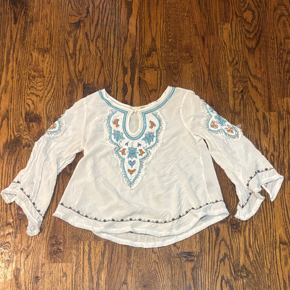 Ya Ya Club White Blouse with Blue and Orange Embroidery